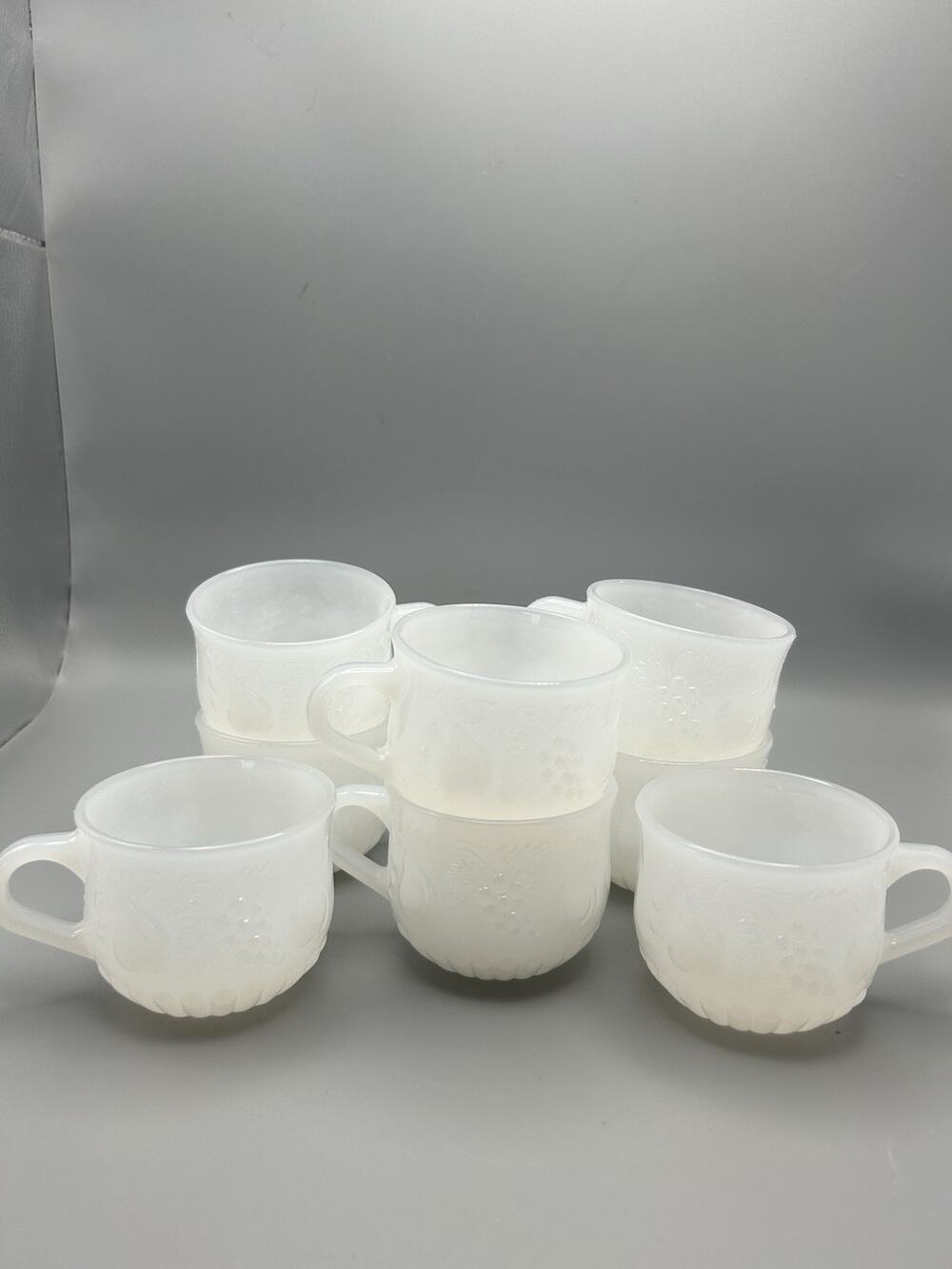 Set of 11 Vintage Della Robbia Milk Glass Punch Bowl Cups.